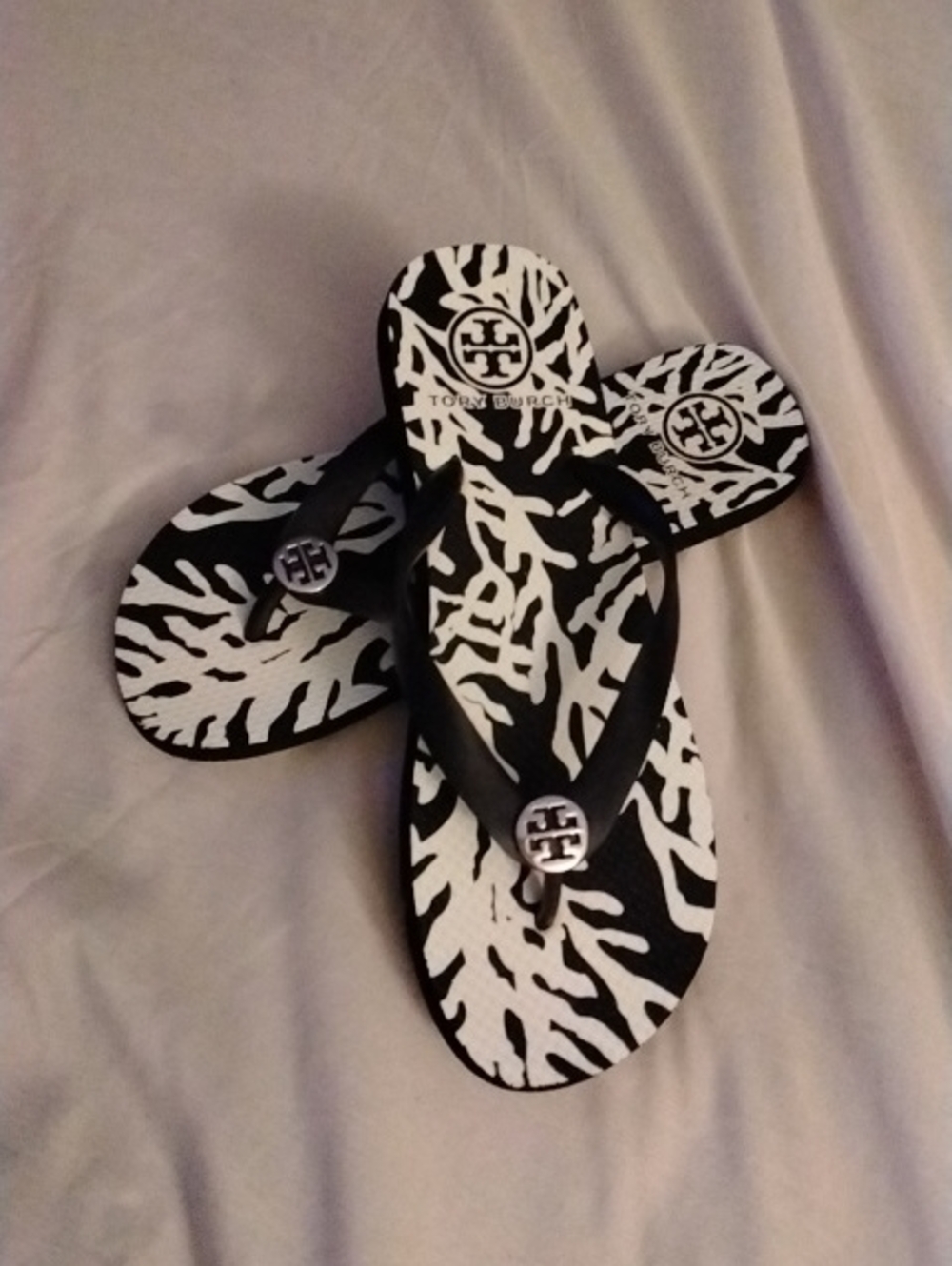 Tory Burch Black and White Zebra-Print Logo Flip Flops